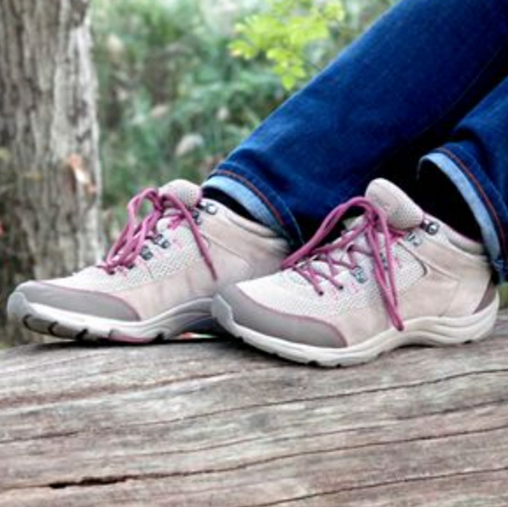 Vionic Women's Lace-Up Hiking Boots in Light Pink and Gray with Rose Laces
